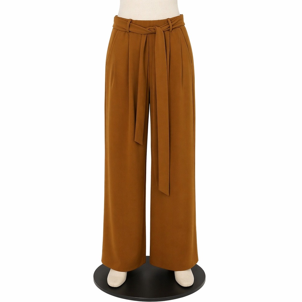 Wide Leg High Waisted Tie Belt Trousers Camel Brown Business Casual Pants